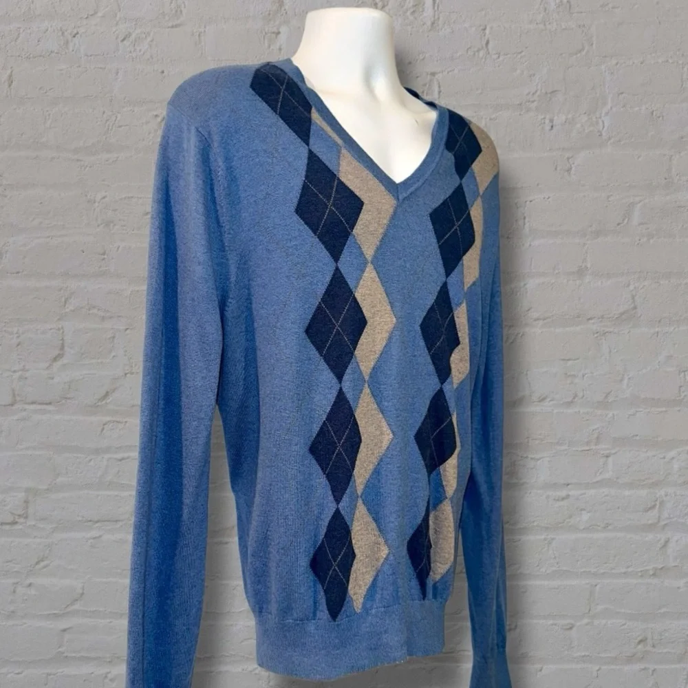 Banana Republic Men’s Silk Cashmere Blend Argyle V-Neck Sweater Blue Size L
